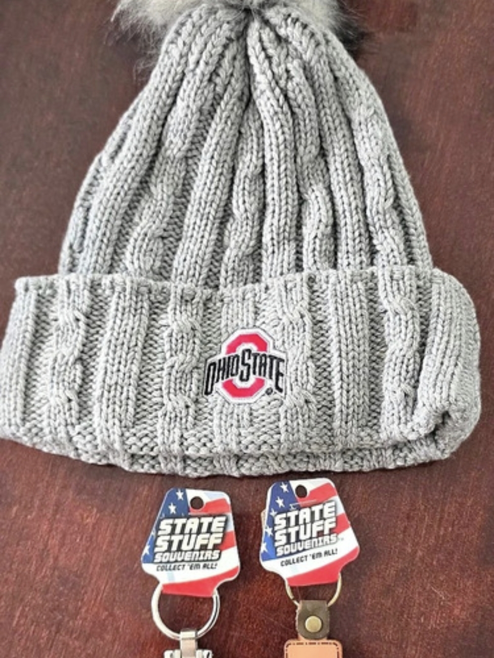 The Ohio State University Ohio State Knit Pom-Pom Beanie Gray Plus 2 Key Chai S